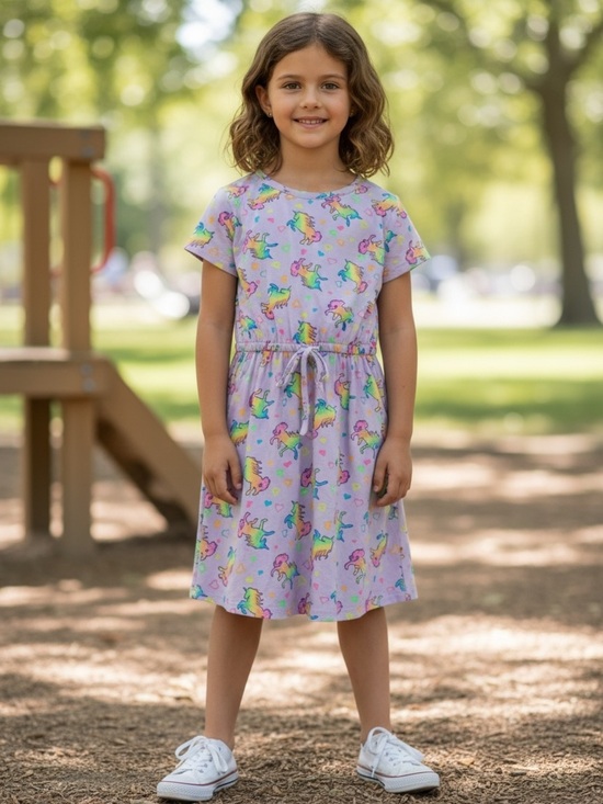 Other - Girls' Lavender Unicorn Print Short Sleeve Drawstring Dress
